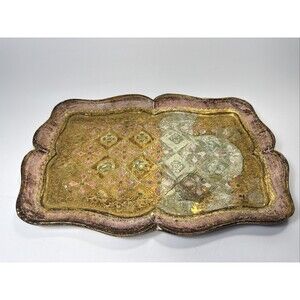 Vintage Italian Florentine Gold And Pink Gilt Wooden Tray K3